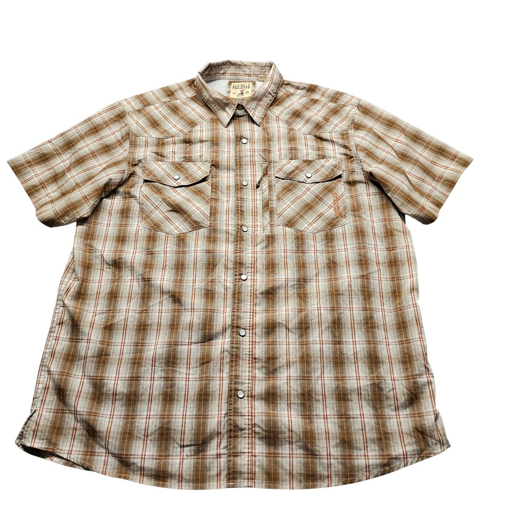 RedHead Plaid Western Snap Shirt Mens Size XL Brown Short Sleeve Outdoor Utility